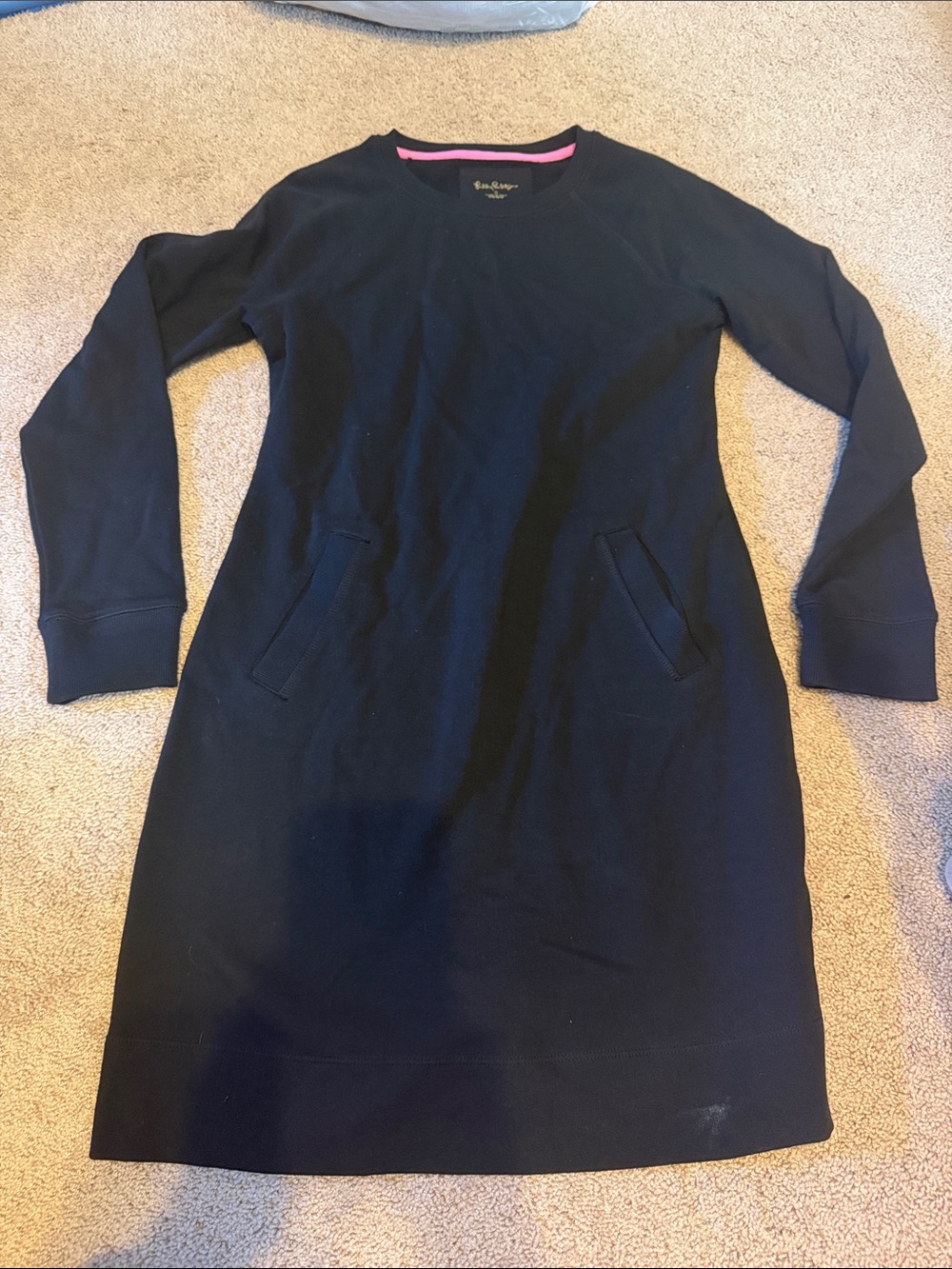 Lilly Pulitzer Black Long Sleeve Sweatshirt Dress with Pink Neck Trim